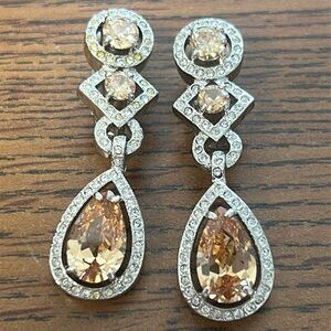 Synthetic Pink Peach Morganite Crystal Drop Bridal Clip On Dangle Earrings